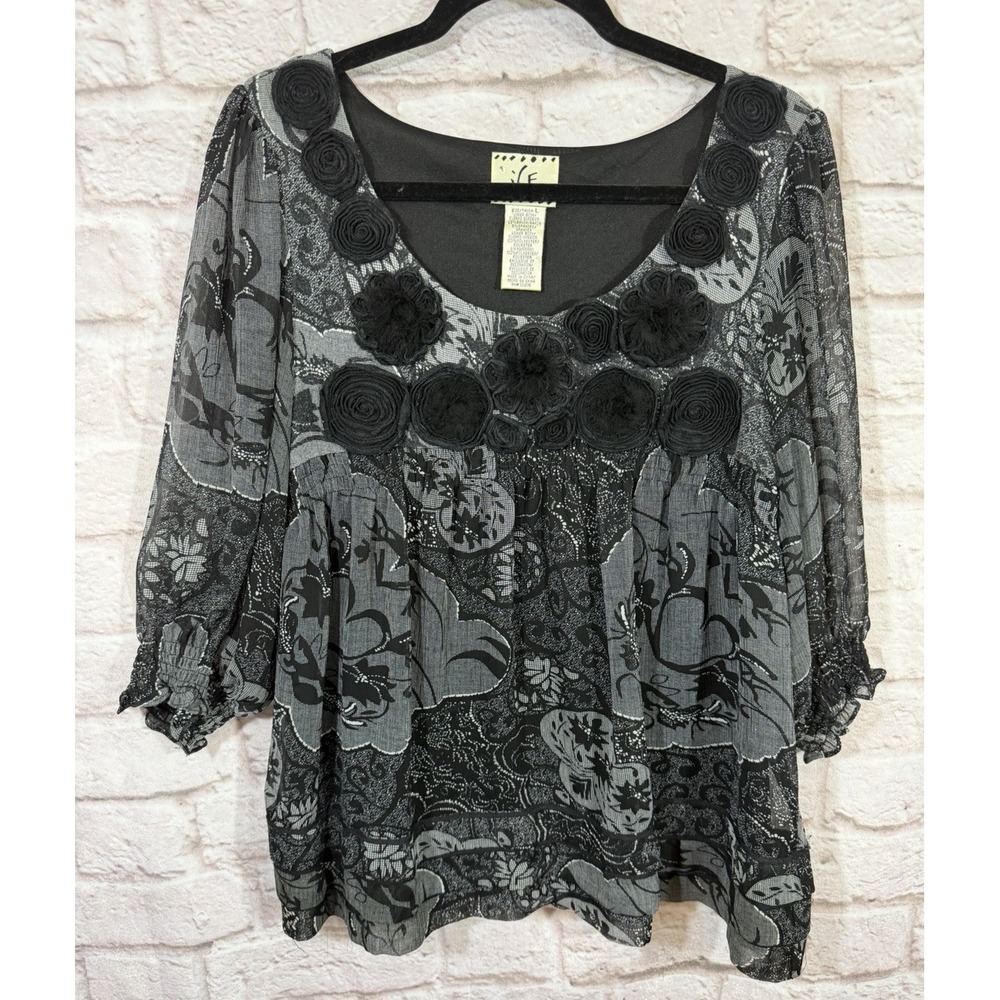 Vintage Black Babydoll Top Rosettes Floral Puff Sleeve Ruffle Dark Fairy Women L